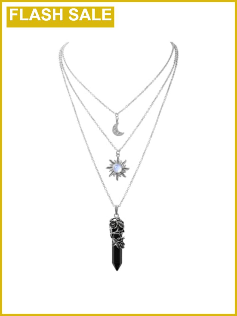 Gothic Layered Necklace Set Crescent Moon Sun Crystal Pendant